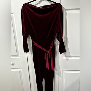 Windsor Elegant Burgundy Red Velvet Holiday Jumpsuit with Belt